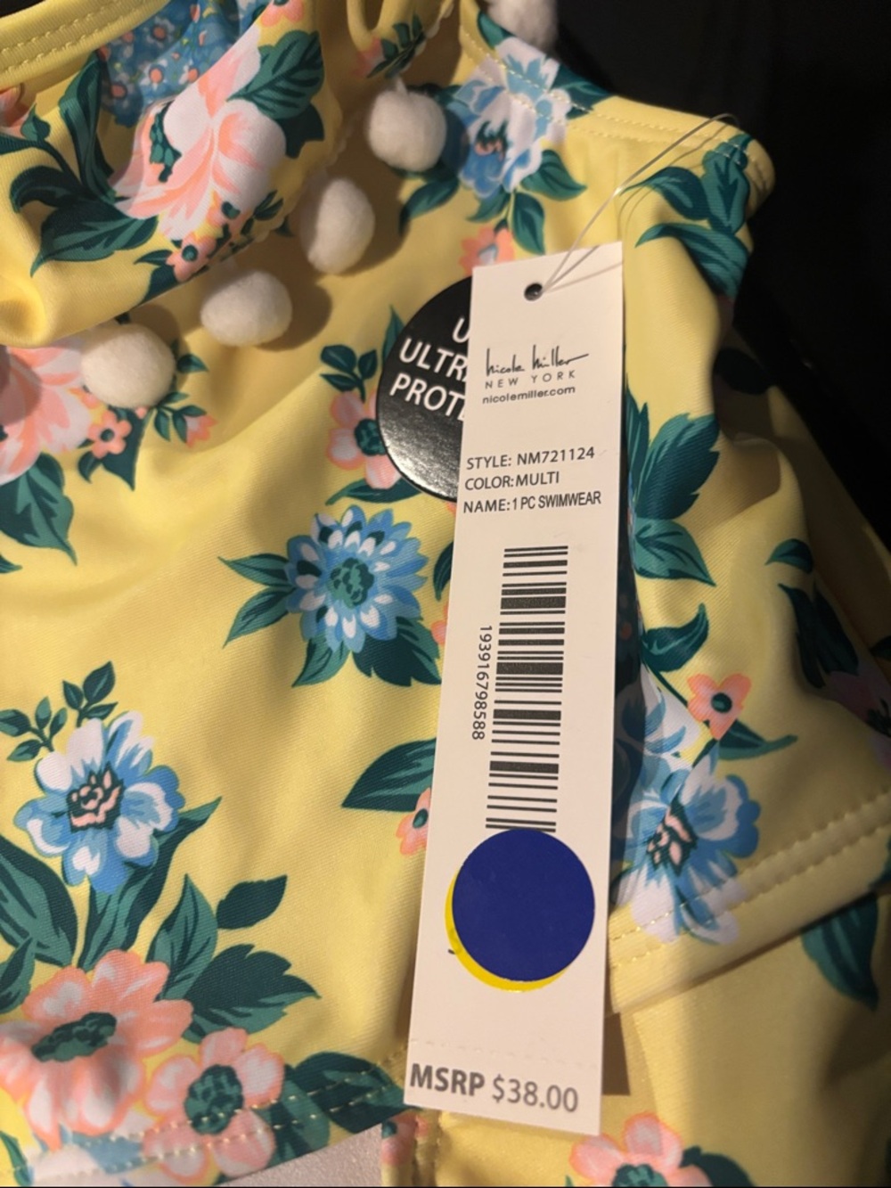 NWT Nicole Miller Yellow Floral Kids One-Piece Swimsuit with Pom-Pom Detail - Picture 2 of 5